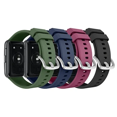 Abbildung von MoKo 4 Stück Armband Kompatibel mit Huawei Watch Fit Active/Elegant Smartwatch, Weiche Silikon Sport Ersatzarmband Uhrenarmband Edelstahlschnalle, Weinrot/Mitternachtsblau/Dunkelgrün/Schwarz