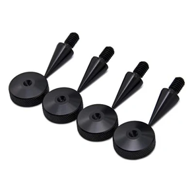 Abbildung von PrecisionGeek Aluminium schwarz eloxierte Lautsprecherspikes M6, Kegel 10 mm Durchmesser und Pads, Vibrationsdämpfer, Bodenschoner 20 gerändelt Set mit 4 Spikes Pads