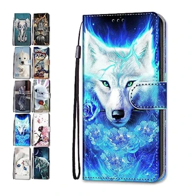 Abbildung von Hülle für Samsung Galaxy A15 5G Leder Tasche Flip Case Mädchen Jungs Muster Design Etui Schutzhülle Cover Handyhülle Rosen Wolf