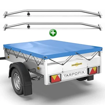 Abbildung von Tarpofix® Anhänger Plane 211x116 cm + 2X Planenbügel Anhängerplane Flachplane aus PVC PLANENMATERIAL Verstärkte Humbaur für 750kg PKW Hänger Abdeckplane Flachplanenbügel Blau
