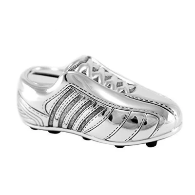 Abbildung von Brillibrum Design Kinder Spardose Fußballschuh versilbert anlaufgeschützt Fußballteppen Sparschwein Metallsparbüchse