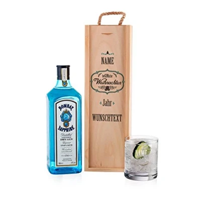 Abbildung von Herz &amp; Heim® GIN Set zu Weihnachten be liche mit 1 l Bombay Sapphire und graviertem Glas in stilvollen Geschenkverpackung