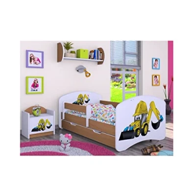 Abbildung von BDW Kinderbett mit Matratze und Bettkasten NEU, 140/160/180/190 Verschiedene Motive Für Junge Bagger (Braun, 180x90)