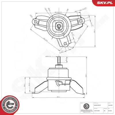 Abbildung von ESEN SKV 75SKV281 Motorlager rechts Hydrolager Aluminium, Gummi 222mm 160mm HYUNDAI: ix35, KIA: Sportage III