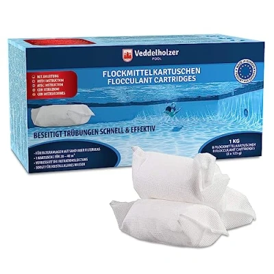 Abbildung von Veddelholzer 1 kg Flockmittel Pool Kartuschen 8 x 125g für Filteranlagen Sand &amp; Glas. Flockungsmittel als Poolreiniger, Poolklar, Poolpflege, Zubehör klares Wasser.