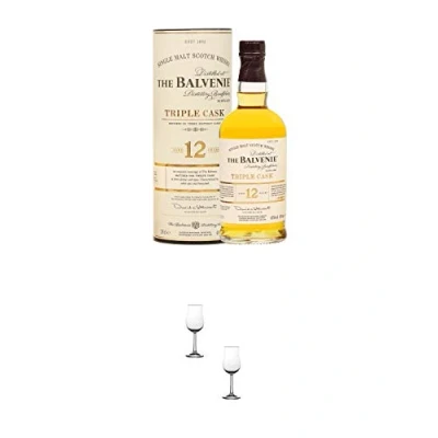 Abbildung von Balvenie 12 Jahre Triple CASK Single Malt Whisky 0,2 Liter (Halbe) + Nosing Gläser Kelchglas Bugatti mit Eichstrich 2cl und 4cl 2 Stück