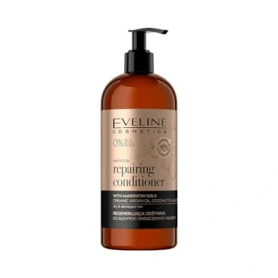 Abbildung von Eveline Cosmetics Organic Gold Regenerierende Spülung für trockenes und strapaziertes Haar mit Biokeratin Komplex, Arganöl &amp; pflanzlichem Keratin, 500 ML