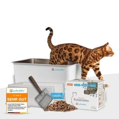 Abbildung von Lucky Kitty Katzenklo Edelstahl 60x40x40 cm I Katzentoilette mit Deckel, exklusiver Schließmechanismus XXL, geruchsfrei (Spar Bundle 6kg Streu &amp; Gratis Schaufel)