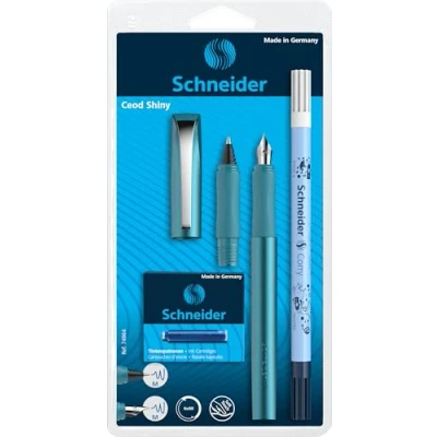 Abbildung von Schneider 74864 Ceod Shiny Schreibset mit Füller, Tintenroller, Tintenkiller (Rechts und Linkshänder, M Feder, inkl. Tintenpatronen königsblau) teal