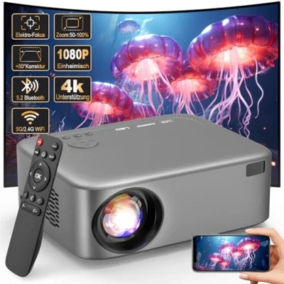 Abbildung von [Elektrischer Fokus] FRESHDEW Beamer, 5G WiFi Projektor mit Bluetooth Native 1080P Projektor,26000L LCD Technologie Heimkino Outdoor/Heimkino Video Stativ für iOS/Android/TV Stick
