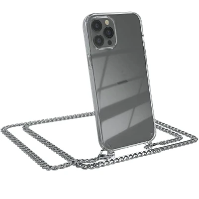 Abbildung von EAZY CASE Handykette kompatibel mit iPhone 12 Pro Max Handyhülle Metal Umhängeband und Ersatz Kordel schwarz, Handykordel Schutzhülle, Stylische Kette, Silber