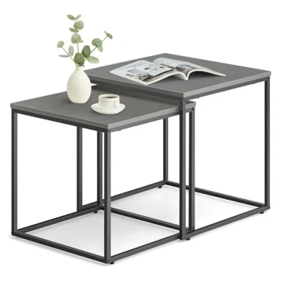 Abbildung von Home Collective Couchtisch 2er Set Beistelltisch Loft Design 2in1 Verschachtelung Wohnzimmer, kratzfeste Oberfläche 50&amp;45cm Zement Grau schwarzen Beinen quadratisch