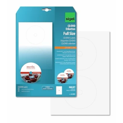 Abbildung von SIGEL LA501 CD /DVD Etiketten selbstklebend, bedruckbar, weiß, 50 = 25 Blatt, spezialbeschichtet, mit Zentrierhilfe, FullSize 17 mm Innenloch, für InkJet