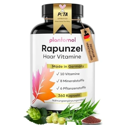 Abbildung von HALBJAHRESVORRAT: Haar Vitamine 360 Kapseln 24 Inhaltsstoffe mit Biotin hochdosiert 10.000µg Hirse &amp; Silizium Haut Haare Nägel Rapunzel