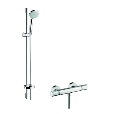 Abbildung von hansgrohe Duschsystem &quot;Croma 100&quot;, (Komplett Set), Aufputz mit Ecostat Comfort Thermostat und Duschstange 90cm, chrom