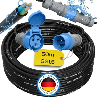 Abbildung von maxgo Camping Stromkabel 50m Wohnwagen Kabel Wohnmobil CEE Stecker Verlängerungskabel 3 Polig 3x1,5 Campingkabel 50 Meter Strom Verlängerung H07RN F Camper Outdoor Mennekes