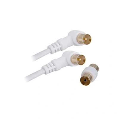 Abbildung von apm TV Antennenkabel 9,52 mm, abgewinkelt, 2 m, vergoldete Anschlüsse männlich/männlich, Koaxialkabel 90 , weiß, mit Adapter weiblich/weiblich, im Lieferumfang enthalten, Decoder, TNT Wandstecker,