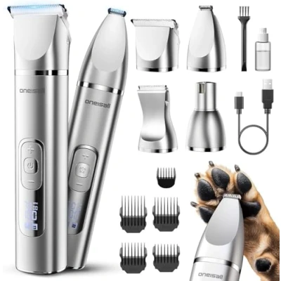 Abbildung von oneisall 4 in 1 Hundeschermaschine Set, Leise Pfotentrimmer für Hunde, LCD Anzeige Schermaschine Katze Hund, Pfotentrimmer&amp;Hunderasierer&amp;Krallenschleifer Körper, Pfoten, Augen, Ohren, Gesicht