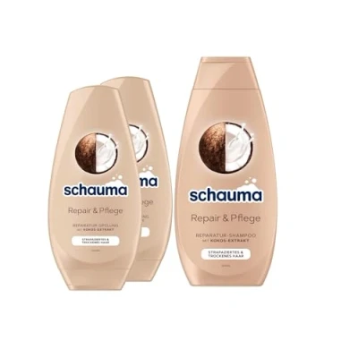 Abbildung von Schauma Shampoo Repair &amp; Pflege (1x 400 ml) Haarshampoo sorgt für Geschmeidigkeit Reparatur strapaziertes trockenes Haar Spülung (2x 250 Haarspülung mit Kokos Extrakt
