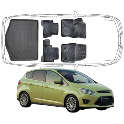 Abbildung von Trimak Passgenau 3D Kofferraumwanne Kompatibel mit Ford C MAX 1.Gen 2003 2010 Kofferraummatte Schutzmatte Auto Zubehör Antirutschmatte Kantenschutz TPE Gummi Dauerhaft Schwarz