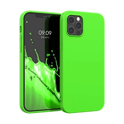 Abbildung von kwmobile Hülle kompatibel mit Apple iPhone 12 Pro Max weiches TPU Silikon Case Cover geeignet für kabelloses Laden Neon Grün
