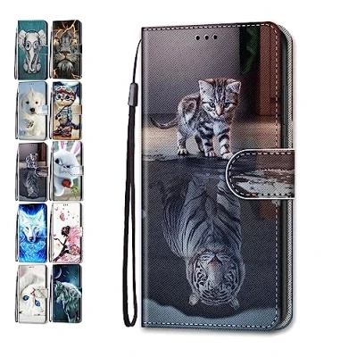 Abbildung von Hülle für Samsung Galaxy A12 4G 5G Leder Tasche Flip Case Mädchen Jungs Muster Design Etui Schutzhülle Cover Handyhülle Katzen Tiger