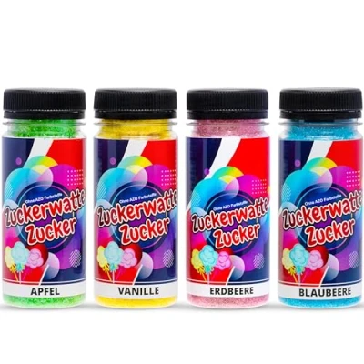 Abbildung von Hopser Food Fun Zuckerwatte Zucker Set 4 Sorten, Blaubeere, Apfel,Erdbeere,Vanille, je 100g für Maschine AZO Frei Aromazucker Farbzucker Backen Dekorieren