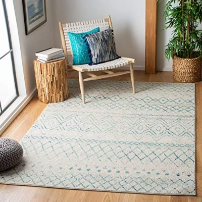 Abbildung von SAFAVIEH Boho Teppich für Wohnzimmer, Esszimmer, Schlafzimmer Madison Collection, Kurzer Flor, Elfenbein und Aqua, 122 X 183 cm