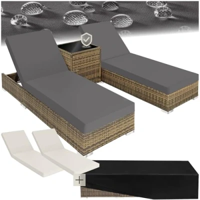 Abbildung von tectake 2er Lounge Sonnenliegen Set Plus Tisch inkl. 2 Bezugsets und Schutzhülle, Outdoor Poly Rattan Gartenmöbel Set, 2X Gartenliege wetterfest Natur
