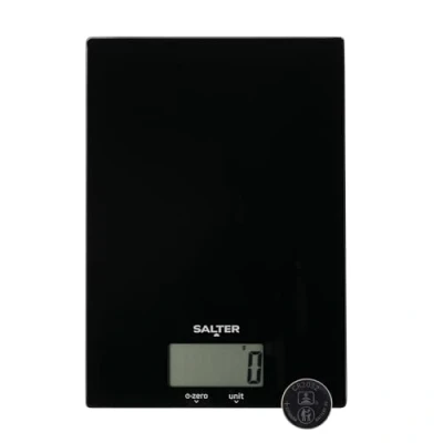 Abbildung von Salter 1170 BKDR Digitale Küchenwaage Lebensmittelwaage mit große Ultra Schlanke Glasplattform, Add &amp; Weigh Tara Funktion, 5KG Kapazität Waage LCD Anzeige, misst Flüssigkeiten, Schwarz