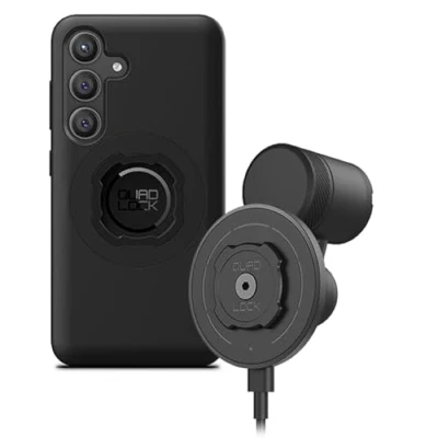 Abbildung von Quad Lock Lüftungshalterung Auto Kit mit MAG Wireless Charging Head V2 und Galaxy S24 Smartphone Hülle