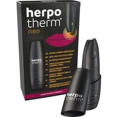 Abbildung von herpotherm neo bei Lippenherpes, wirkt mit konzentrierter Wärme, der original Herpesstift, schnelle Hilfe auf Knopfdruck, bis zu 200 Anwendungen einem Set Batterien möglich
