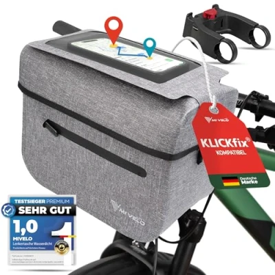 Abbildung von MIVELO Lenkertasche Fahrrad für KLICKfix inkl. Adapter 100% wasserdicht Fahrradtasche Lenker abnehmbares Handyfach Tasche E Bike tauglich (Grau mit Adapter)