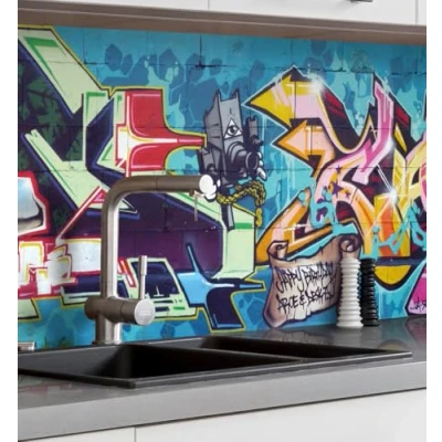 Abbildung von MyMaxxi Küchenrückwand Folie selbstklebend matt einfache Montage ohne Bohren 0,4mm stark Versteift Motiv Graffiti 1 60cm hoch Spritzschutz Küche Klebefolie Bunt Schrift 400 x