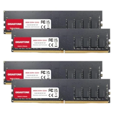 Abbildung von 【DDR4 RAM】 GIGASTONE 32GB Kit (4x8GB) DDR4 3200MHz (2933MHz or 2666MHz) PC4 25600(PC4 23400/21300) CL22 1.2V UDIMM 288Pin Nicht ECC ungepuffert PC Desktop Hochleistung Arbeitsspeicher Upgrade