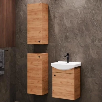 Abbildung von Planetmöbel Badset aus Unterschrank 45cm mit Waschbecken und 2X Midischrank in Gold Eiche, Set für Badezimmer 4 teilig