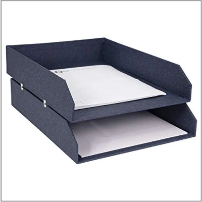 Abbildung von Bigso Box of Sweden Hakan 2er Set Briefablage für den Schreibtisch stapelbare Ablagefächer Briefe, Dokumente usw, Ordnungssystem aus Faserplatte mit Papier in Leinenoptik blau
