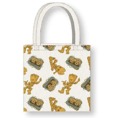 Abbildung von Cerdà Marvel Guardians of the Galaxy Tote Bag mit langen Griffen 36 x 39 cm Polyester und Baumwolle Groot Kassettenmotiv Weiß