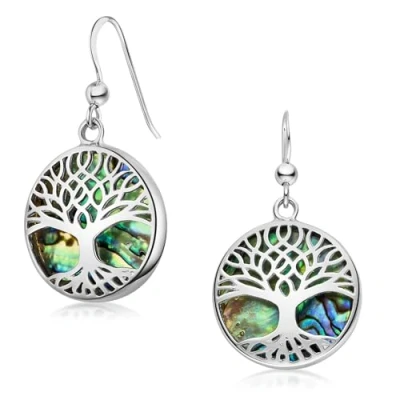 Abbildung von Materia Paar Ohrhänger Damen Lebensbaum Perlmutt Abalone Grün Ø19mm SO 274, Fassung aus 925 Sterling Silber