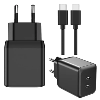 Abbildung von Schnellladegerät Dual Power 35W mit 1.5M USB C Ladekabel PPS, PD Fast Charge Netzteil für iPad Pro 12.9,11, iMac Samsung Galaxy S22 S21 S20 A53 A33 Google Pixel 7 7Pro 6 6a Xiaomi Mi Redmi Note