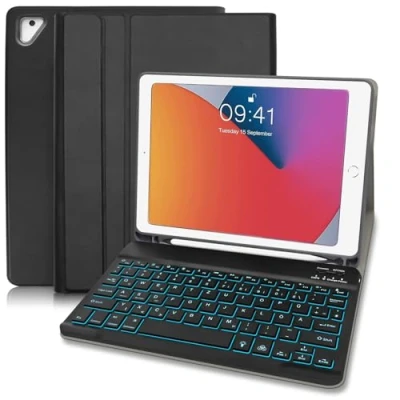 Abbildung von Hofsos für iPad 6. Generation Hülle mit Tastatur, Tastatur 6.Generation 2018 / 5.Gen 2017 (Deutsches) Slim Schutzhülle Pencil Halter Wireless Beleuchtete Schwarz