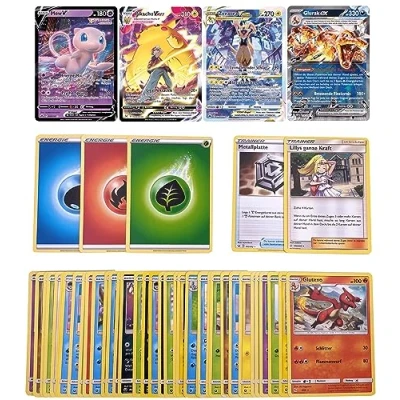 Abbildung von Pokemon Karten Deutsch 30 Originale mit garantierter V, VMAX, VSTAR oder EX Karte + Holos Individuelles Kartenset kompatibel Zusammengestellt von GECO