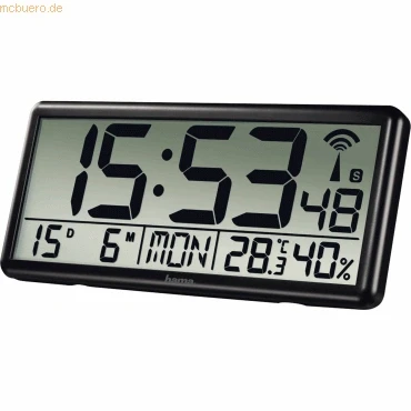 Abbildung von Hama Digitale Wanduhr XL mit Funk (Digitaluhr Thermometer und Hygrometer, große Funkuhr Datum Wochentag, gut ablesbar Wand Uhr zum Hängen Stellen, inkl. Batterie) schwarz