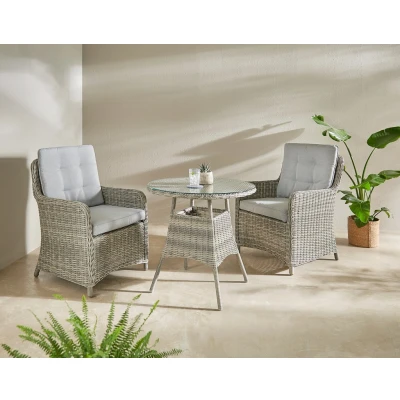 Abbildung von KONIFERA Garten Essgruppe &quot;Venedig&quot;, (Set, 3 tlg., 2x Sessel, 1x Tisch Ø 70 cm, inkl. Auflagen, Polyrattan, Aluminium), Hellgrau, Tischplatte aus 5 mm starkem Sicherheitsglas