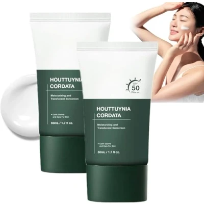 Abbildung von 2 Pcs Heartleaf Silky Moisture Sunscreen, Daily Korean SPF 50+ PA++++ Clear Filter Sun Essence, Hydrating, Moisturizing, Cools Down, Light Finish