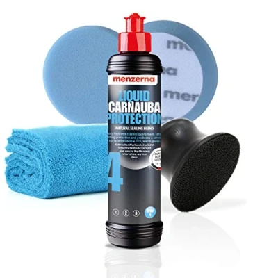 Abbildung von detailmate Menzerna Handpolitur Wax Set: Liquid Carnauba Protection Wachs 250ml + Hand Polier Applikator für 95mm Pads Pad Mikrofasertuch 550GSM blau