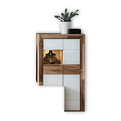 Abbildung von Stella Trading TEXAS Aufsatzvitrine passend zum TV Lowboard in Yaki Oak Optik, Weiß matt Moderne Glasvitrine inkl. LED Beleuchtung 81 x 138 38 cm (B/H/T)