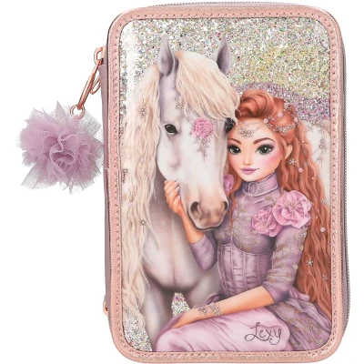 Abbildung von Depesche 13292 TOPModel Viva Violet Gefüllte 3 Fach Federtasche in Lila, mit Model Motiv, Pferd und Glitzer, Federmappe Buntstiften, Lineal, Schere UVM.