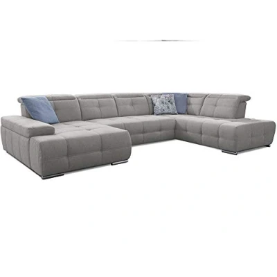 Abbildung von Cavadore Wohnlandschaft Mistrel mit Schlaffunktion / U Form Bettsofa leichter Fleckentfernung dank Soft Clean Geeignet für Haushalte Kindern, Haustieren /343 x 77 228 hellgrau