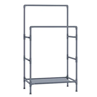 Abbildung von SONGMICS Kleiderständer, Garderobenständer aus Metall, mit 2 Kleiderstangen, 1 Ablage, bis 55 kg belastbar, einfache Montage, grau RDR001G02